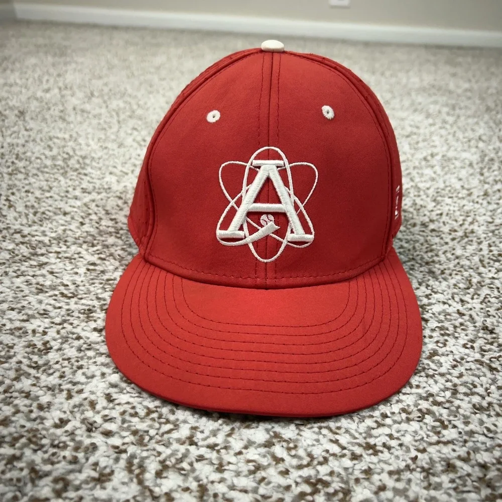 Atoms Hat‎ Cap Fitted Mens XL Red White Baseball Perforated Panels Embroidered